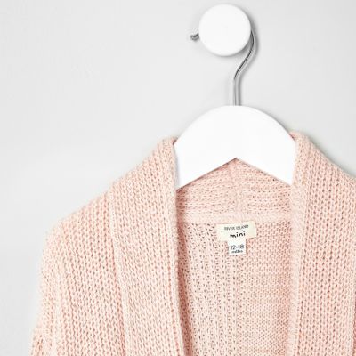 Mini girls pink chunky knit open cardigan